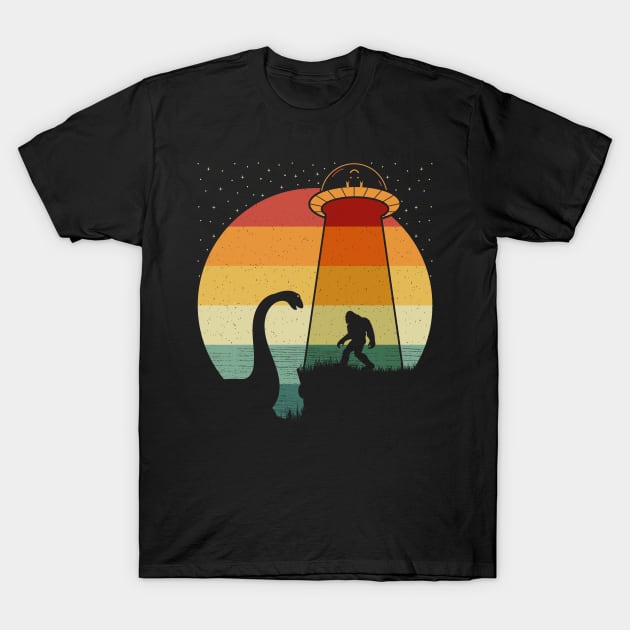 Bigfoot UFO Abduction Sasquatch Lochness Monster T-Shirt by Tesszero